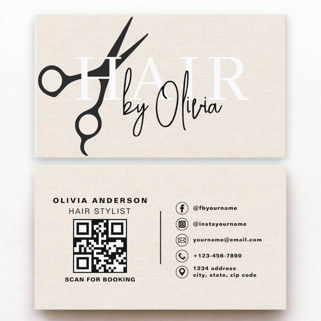 Hair Stylist Scissors QR Code Linen Business Card (Creator Uploaded)