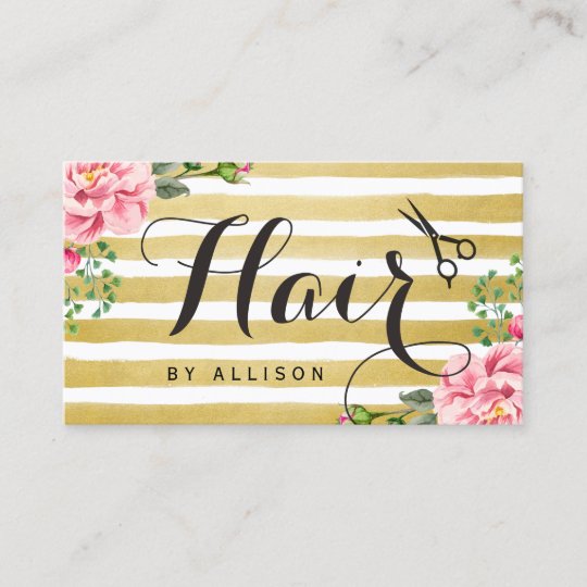 Hair Stylist Scissors Script Floral Gold Striped Business Card