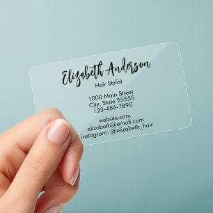 Hair Stylist Scribble Script Font Name See-Through Clear Business Cards