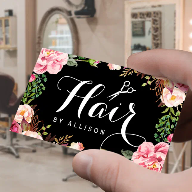 Hair Stylist Script and Pink Floral Wrapping Business Card | Zazzle