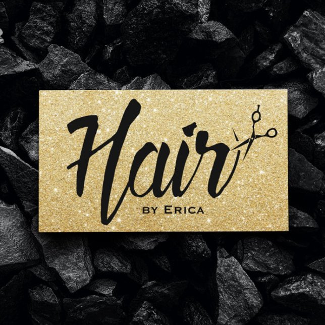 Hair Stylist Script Modern Gold Glitter Hair Salon Business Card (Creator Uploaded)
