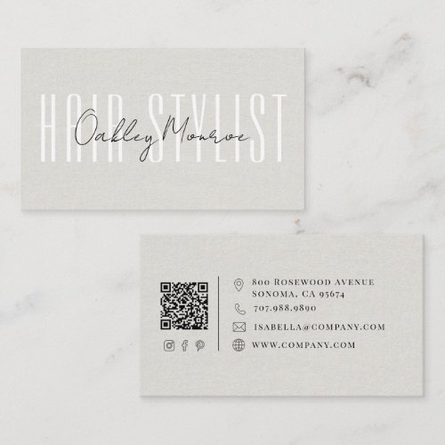 Hair Stylist Script Name Gray Faux Linen QR Code Business Card