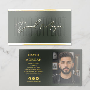 Hair stylist Script Photo Dark Green And Gold Foil Business Cards