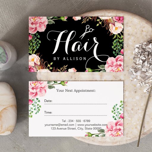 Customizable Hair Stylist Script Floral Wrapping Appointment Double-Sided Standard Business Cards (Pack Of 100)