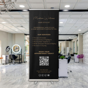 Hair Stylist Services QR Social Media Black Gold Retractable Banner