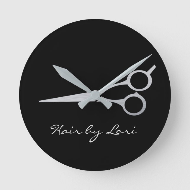Hair Stylist Silver Black Scissors Personalized Round Clock (Front)