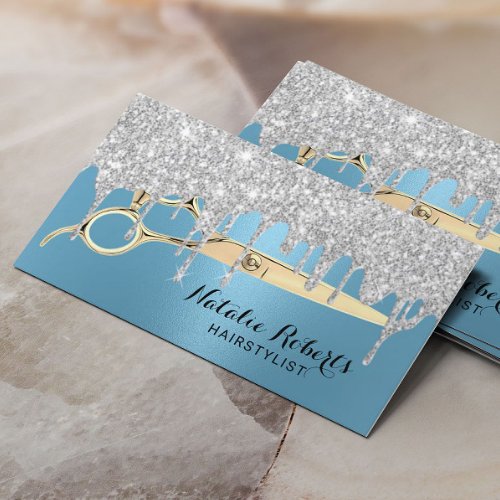 Hair Stylist Silver Drips Light Blue Beauty Salon Business Card