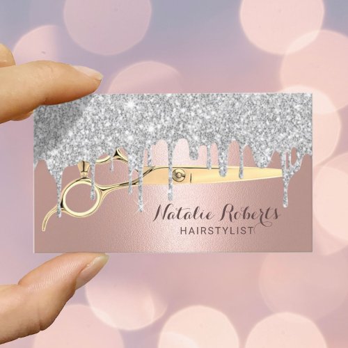 Hair Stylist Silver Drips Rose Gold Beauty Salon Business Card