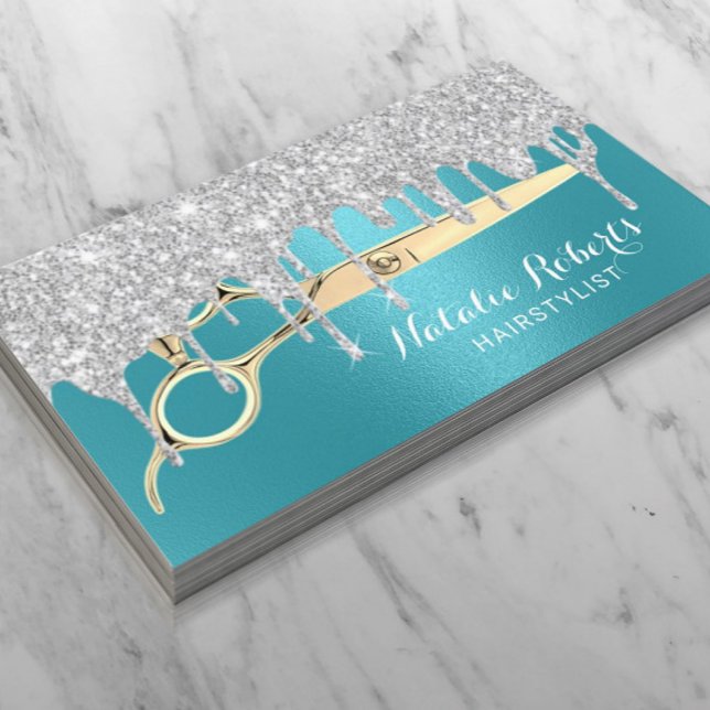 Hair Stylist Silver Drips Turquoise Beauty Salon Business Card (Creator Uploaded)