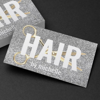 Hair Stylist Silver Glitter Bold Text Beauty Salon Business Card by BlackEyesDrawing at Zazzle