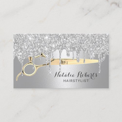 Hair Stylist Silver Glitter Drips Beauty Salon Business Card