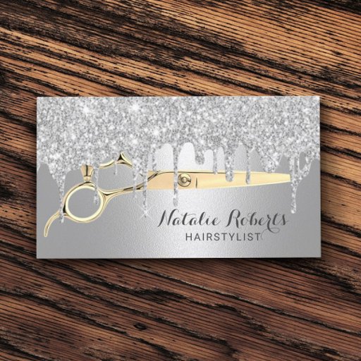 Customizable Hair Stylist Silver Glitter Drips Beauty Salon Business Card