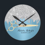 Hair Stylist Silver Glitter Drips Blue Salon Round Clock<br><div class="desc">Hair Stylist Silver Glitter Drips Modern Blue Salon Clocks.</div>