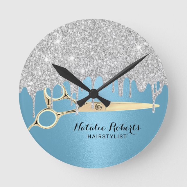 Hair Stylist Silver Glitter Drips Blue Salon Round Clock (Front)