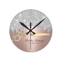 Hair Stylist Silver Glitter Drips Rose Gold Salon Round Clock Hair Stylist Silver Glitter Drips Rose Gold Salon Round Clock