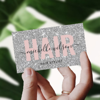 Hair Stylist Silver Glitter Pink Typography Salon Business Card by BlackEyesDrawing at Zazzle