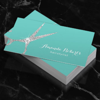 Hair Stylist Silver Glitter Scissor Salon Teal Business Card by cardfactory at Zazzle