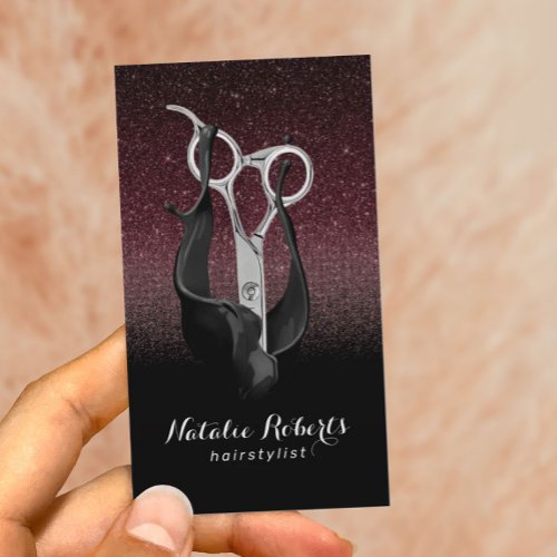 Hair Stylist Silver Scissor Burgundy  Black Ombre Business Card