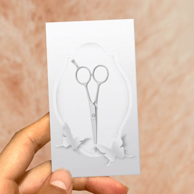 Hair Stylist Silver Scissor & Butterfly Paper Art  Business Card (Creator Uploaded)