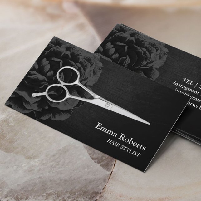 Hair Stylist Silver Scissor Elegant Black Floral Business Card (Creator Uploaded)