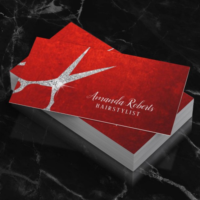 Hair Stylist Silver Scissor Elegant Red Velvet Business Card (Creator Uploaded)