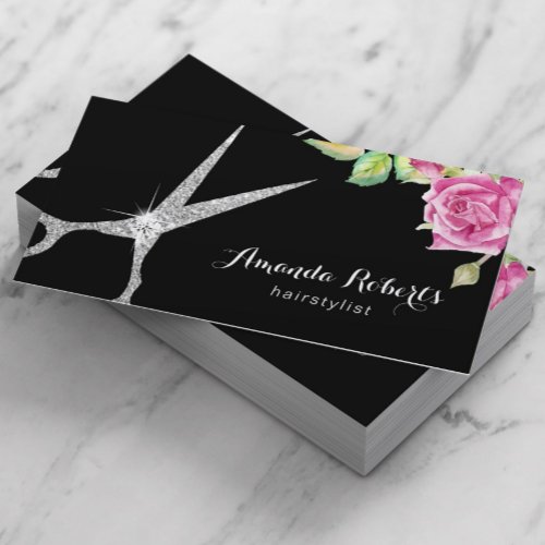 Hair Stylist Silver Scissor  Flower Elegant Salon Business Card