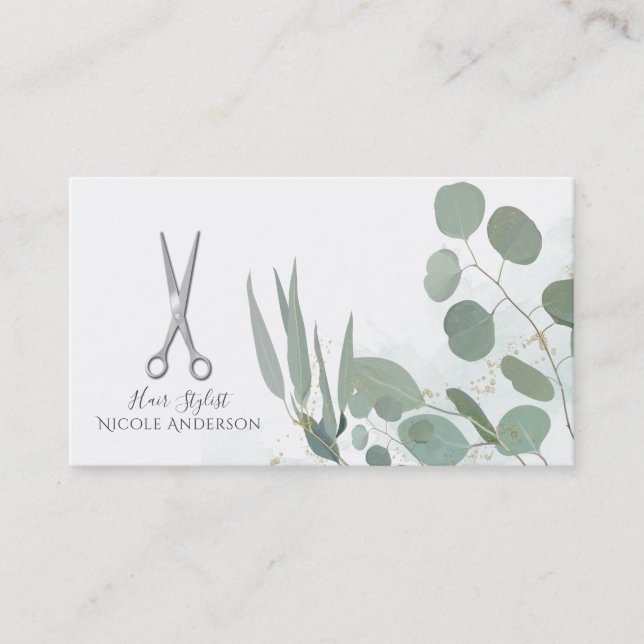 Hair Stylist Silver Scissors Eucalyptus Gold Business Card (Front)
