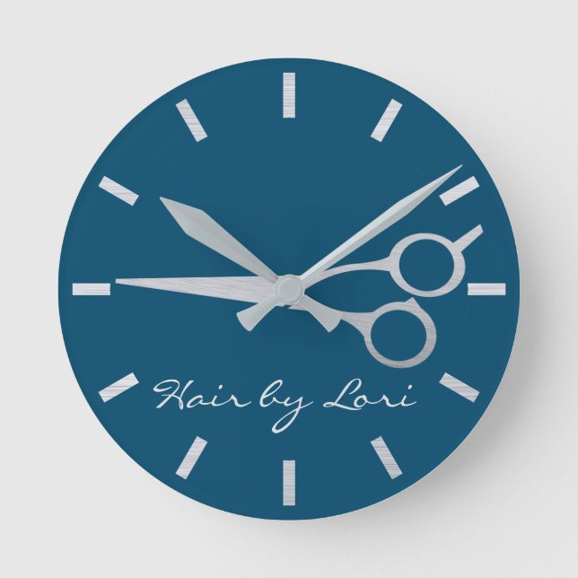 Hair Stylist Silver  Scissors Personalized Round Clock (Front)