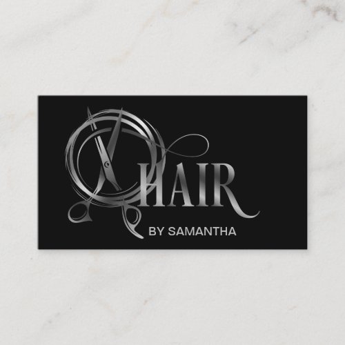 Hair stylist silver typography hair scissors bu business card