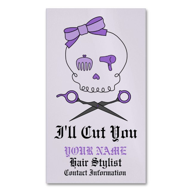 Hair Stylist Skull & Scissor Crossbones - Purple 6 Magnetic Business Card (Front Vertical)