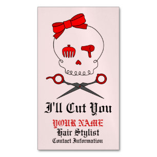 Hair Stylist Skull & Scissor Crossbones - Red 6 Magnetic Business Card