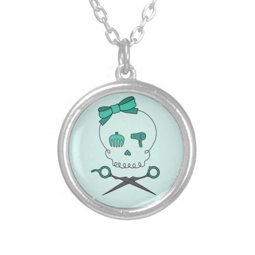 Hair Stylist Skull  Scissor Crossbones _Turquoise Silver Plated Necklace