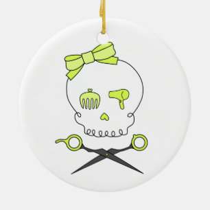 Hair Stylist Skull & Scissor Crossbones -Yellow Ceramic Ornament