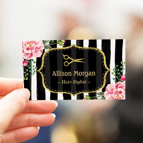 Hair Stylist Stunning Floral Gold Glitter Stripes Business Card