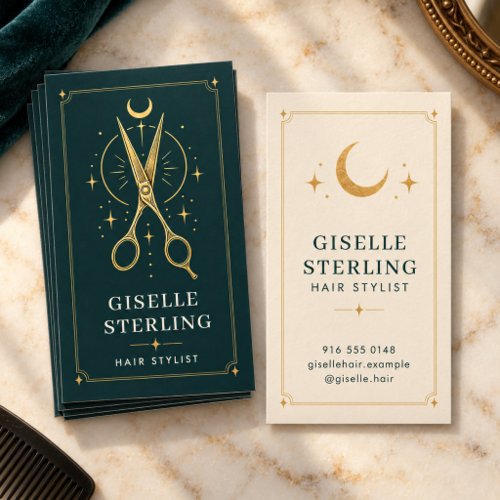 Hair Stylist Tarot Teal Gold Scissors Business Card