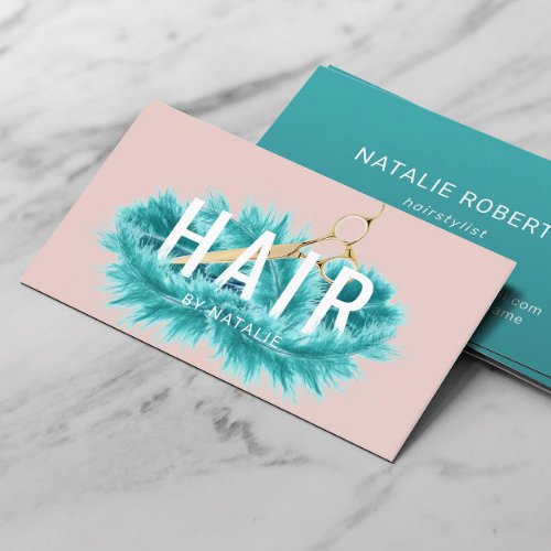 Hair Stylist Teal Feather Gold Scissor Blush Salon Business Card