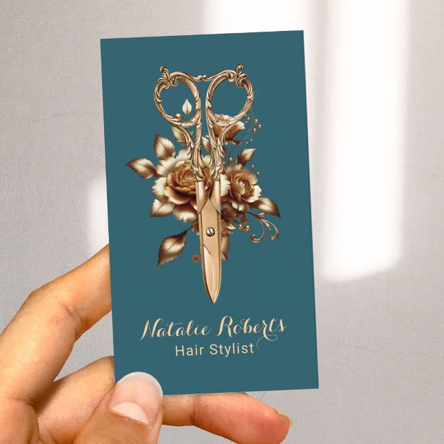 Hair Stylist Teal & Gold Scissor Flower Salon SPA Business Card (Creator Uploaded)