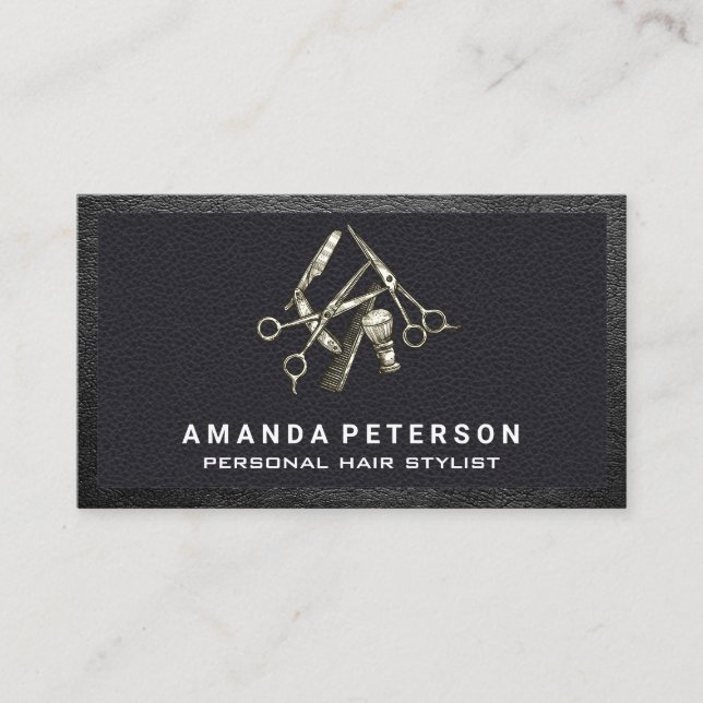 Hair Stylist Tools | Black Leather on Black Trim Business Card (Front)
