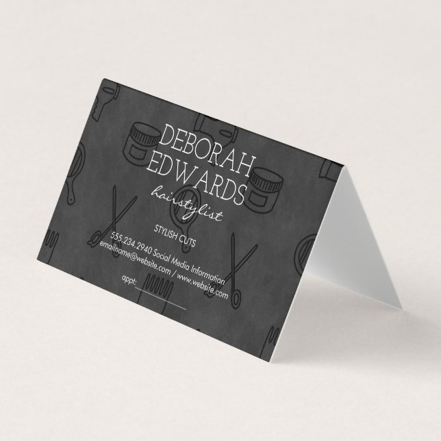 Hair Stylist Tools Chalkboard Background Business Card (Front)