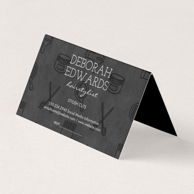 Hair Stylist Tools Chalkboard Background Business Card (Front)