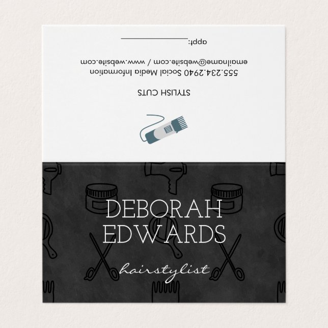 Hair Stylist Tools Chalkboard Background Business Card (Outside Unfolded)