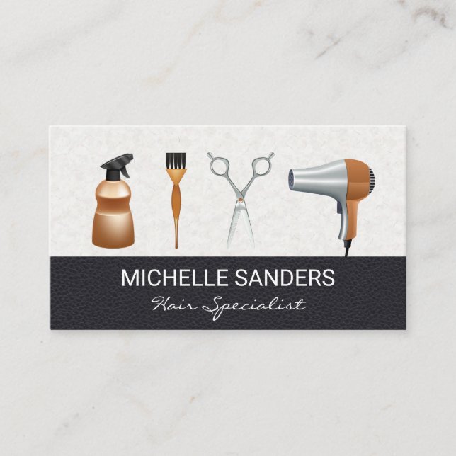 Hair Stylist Tools | Leather Business Card (Front)