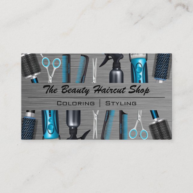 Hair Stylist Tools | Metallic Brushed Business Card (Front)