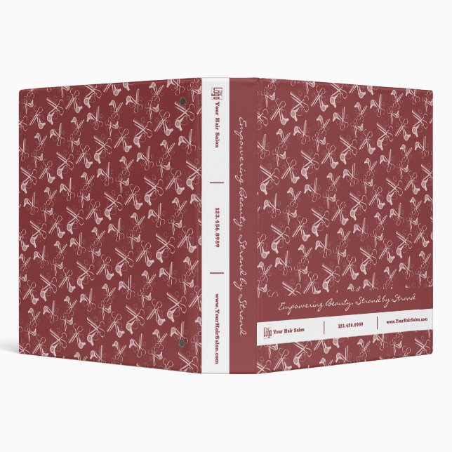 Hair Stylist Tools Pattern Burgundy Pink White 3 Ring Binder (Background)