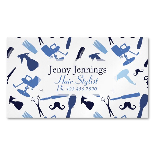 Hair stylist tools pattern business card magnet (Front)
