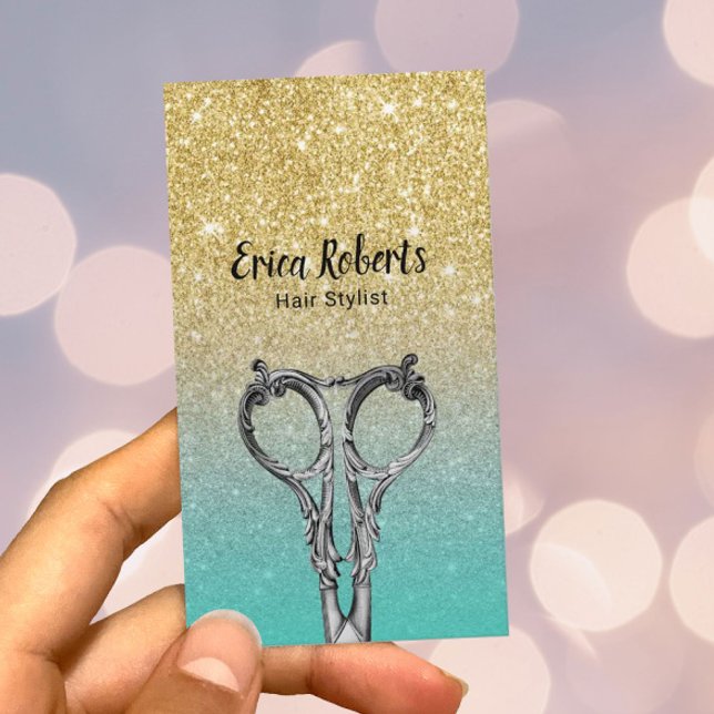 Hair Stylist Trendy Gold & Turquoise Glitter Business Card (Creator Uploaded)