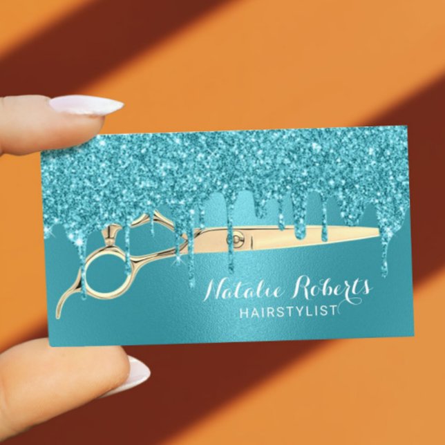Hair Stylist Turquoise Glitter Drips Beauty Salon Business Card (Creator Uploaded)
