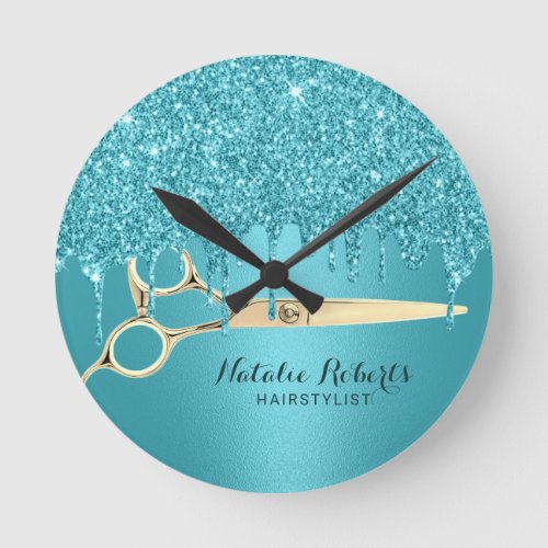 Hair Stylist Turquoise Glitter Drips Modern Salon Round Clock