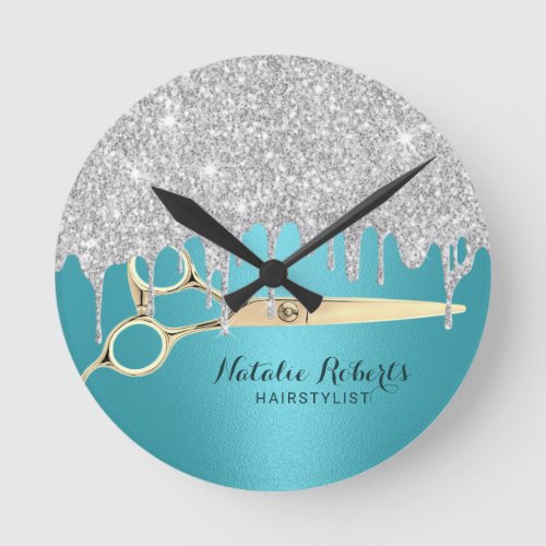 Hair Stylist Turquoise Silver Glitter Drips Salon  Round Clock