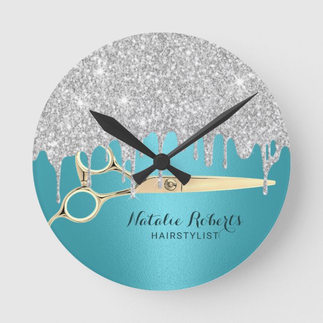 Hair Stylist Turquoise Silver Glitter Drips Salon  Round Clock (Front)